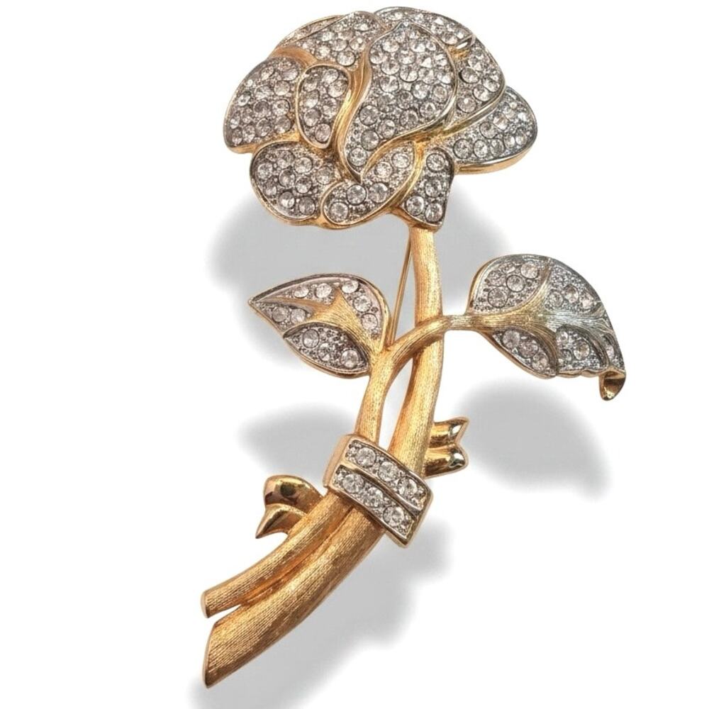 Signed Nolan Miller Rose Brooch Clear Rhinestone Gold Tone Floral Pin